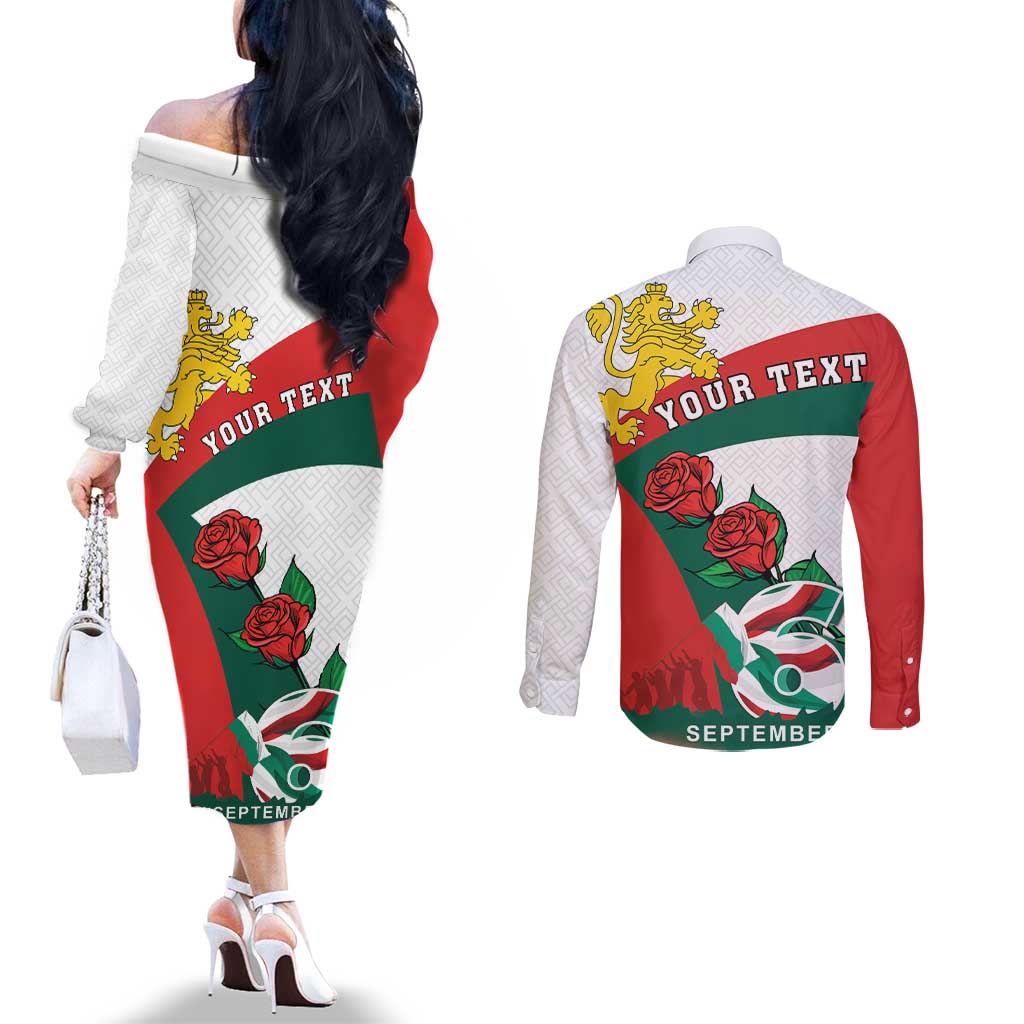 Personalized Bulgaria Unification Day Couples Matching Off The Shoulder Long Sleeve Dress and Long Sleeve Button Shirt Lion Rampant Red Rose