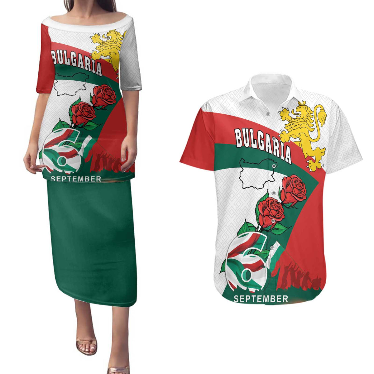 Personalized Bulgaria Unification Day Couples Matching Puletasi and Hawaiian Shirt Lion Rampant Red Rose