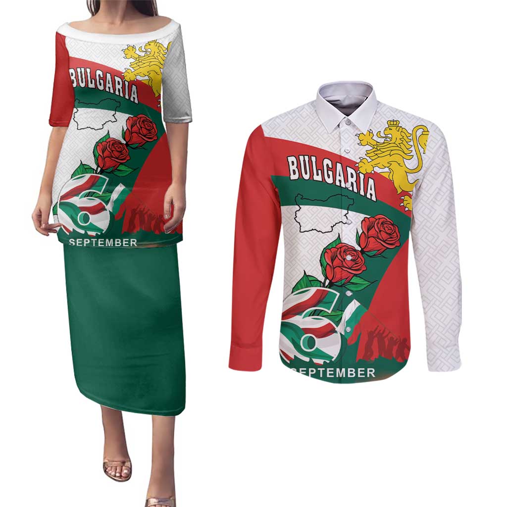 Personalized Bulgaria Unification Day Couples Matching Puletasi and Long Sleeve Button Shirt Lion Rampant Red Rose