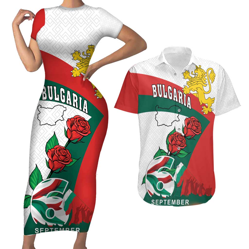 Personalized Bulgaria Unification Day Couples Matching Short Sleeve Bodycon Dress and Hawaiian Shirt Lion Rampant Red Rose