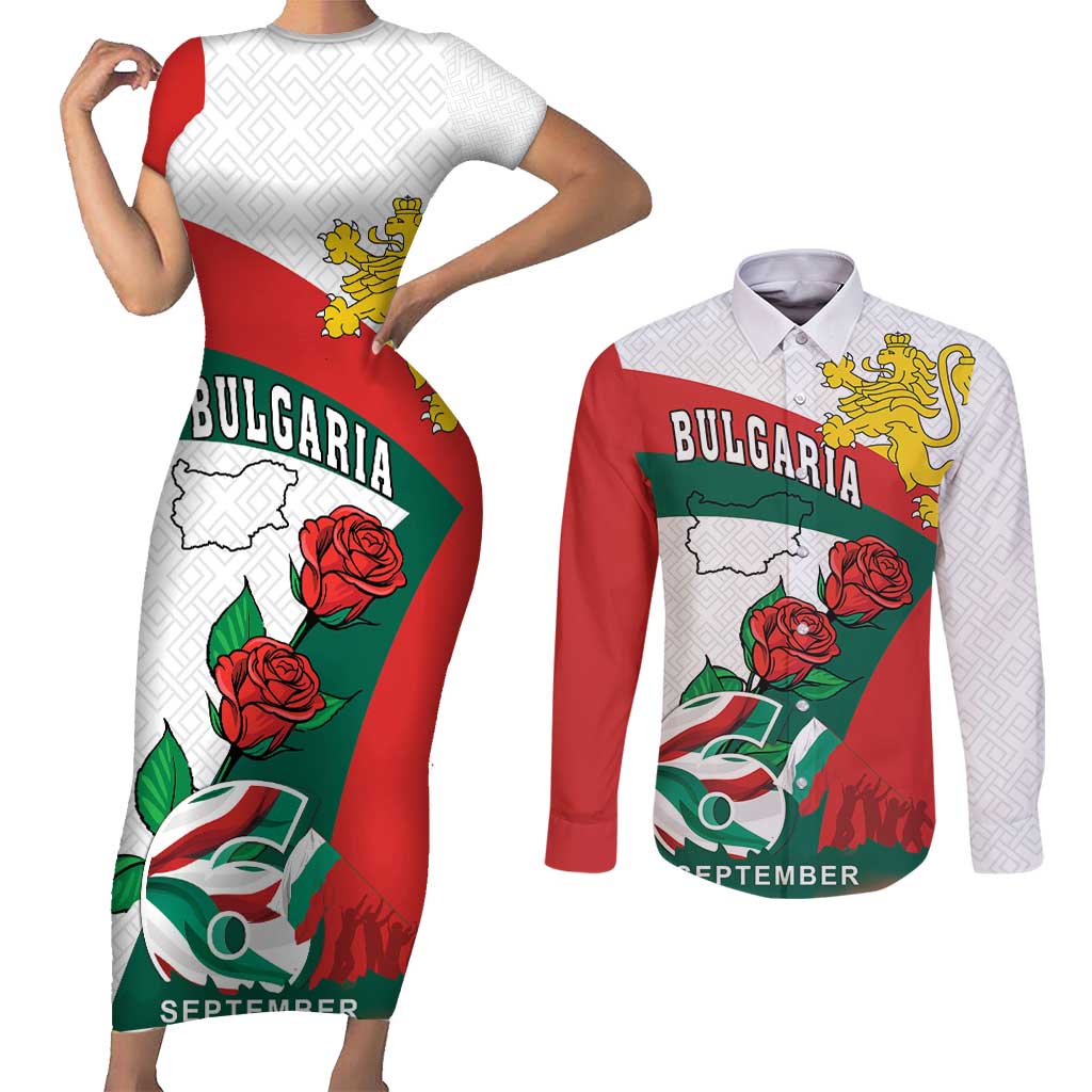 Personalized Bulgaria Unification Day Couples Matching Short Sleeve Bodycon Dress and Long Sleeve Button Shirt Lion Rampant Red Rose