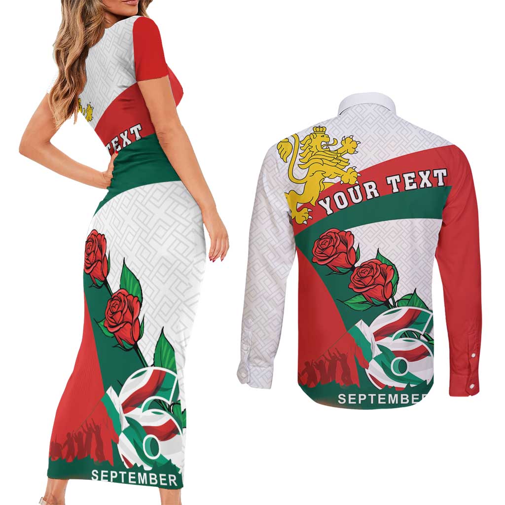 Personalized Bulgaria Unification Day Couples Matching Short Sleeve Bodycon Dress and Long Sleeve Button Shirt Lion Rampant Red Rose