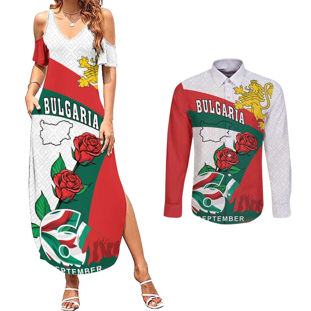 Personalized Bulgaria Unification Day Couples Matching Summer Maxi Dress and Long Sleeve Button Shirt Lion Rampant Red Rose