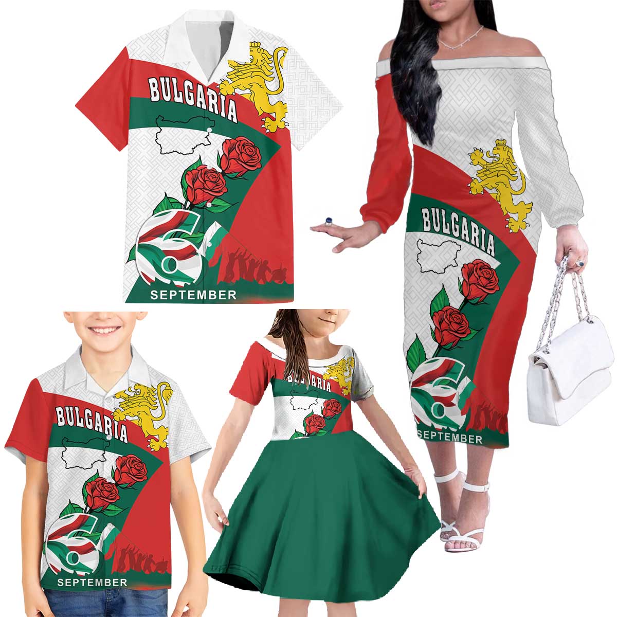 Personalized Bulgaria Unification Day Family Matching Off The Shoulder Long Sleeve Dress and Hawaiian Shirt Lion Rampant Red Rose