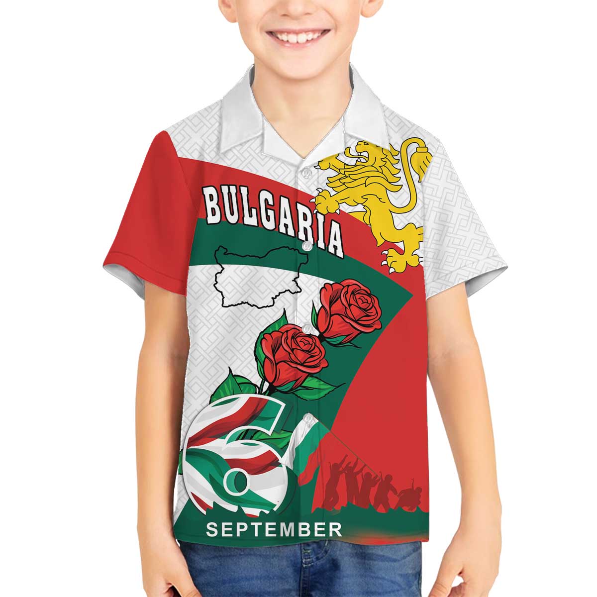 Personalized Bulgaria Unification Day Family Matching Off The Shoulder Long Sleeve Dress and Hawaiian Shirt Lion Rampant Red Rose