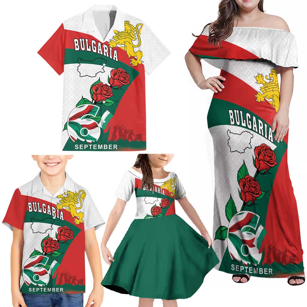 Personalized Bulgaria Unification Day Family Matching Off Shoulder Maxi Dress and Hawaiian Shirt Lion Rampant Red Rose