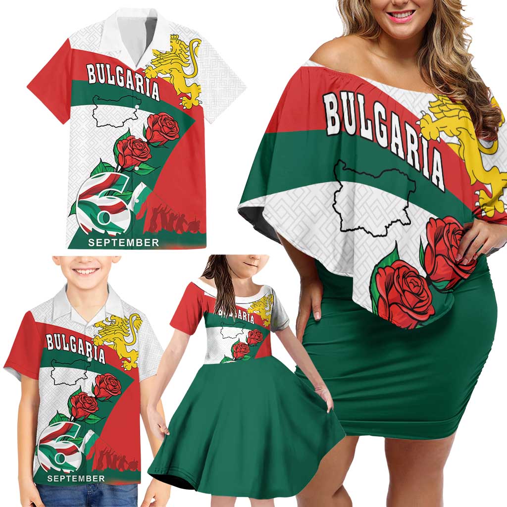 Personalized Bulgaria Unification Day Family Matching Off Shoulder Short Dress and Hawaiian Shirt Lion Rampant Red Rose