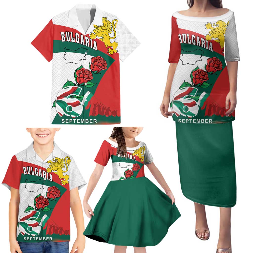 Personalized Bulgaria Unification Day Family Matching Puletasi and Hawaiian Shirt Lion Rampant Red Rose