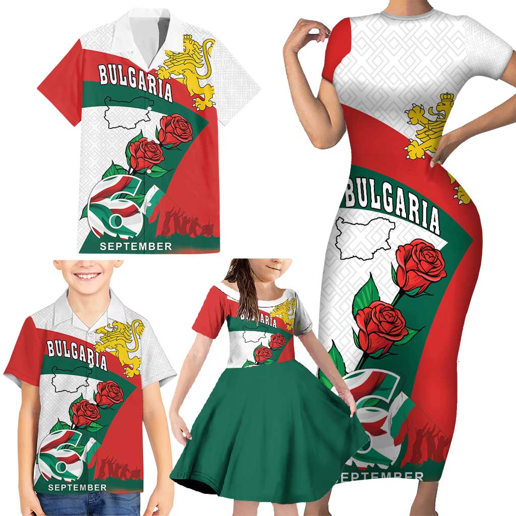 Personalized Bulgaria Unification Day Family Matching Short Sleeve Bodycon Dress and Hawaiian Shirt Lion Rampant Red Rose