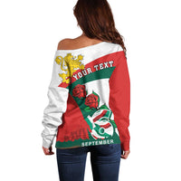 Personalized Bulgaria Unification Day Off Shoulder Sweater Lion Rampant Red Rose