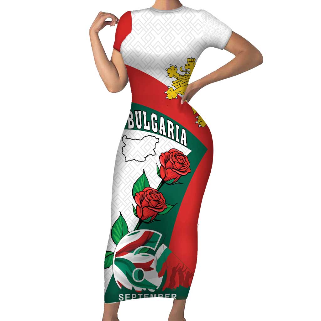 Personalized Bulgaria Unification Day Short Sleeve Bodycon Dress Lion Rampant Red Rose