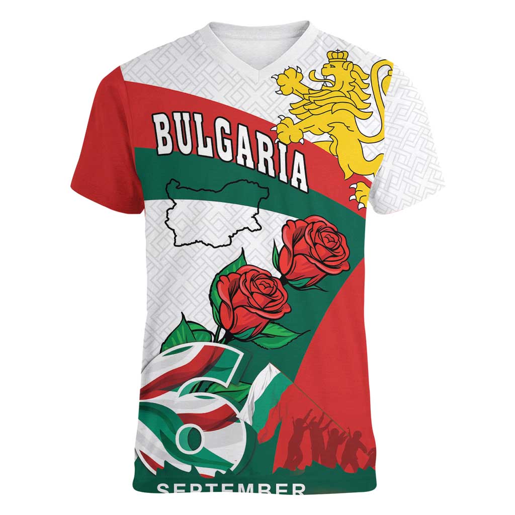 Personalized Bulgaria Unification Day Women V-Neck T-Shirt Lion Rampant Red Rose