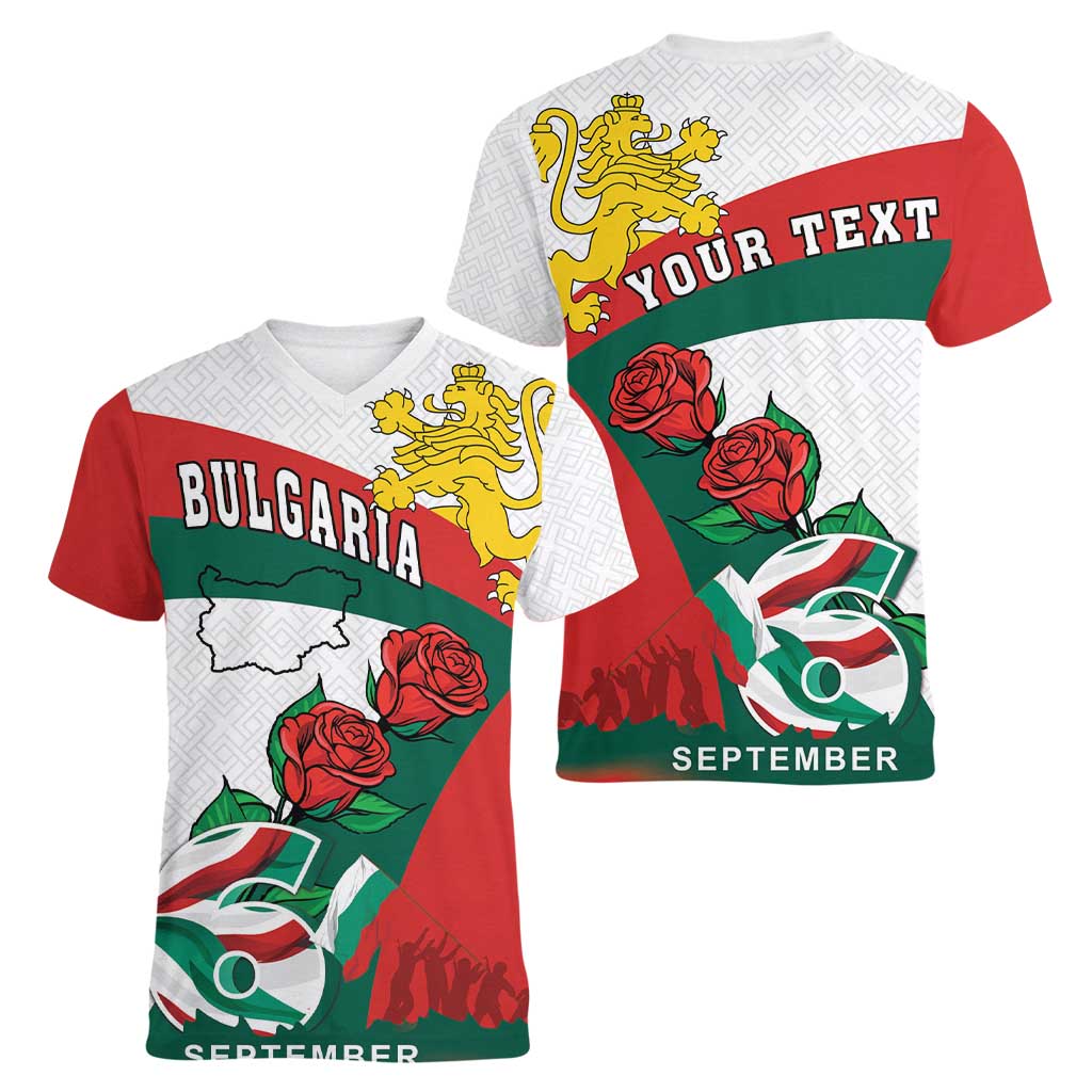 Personalized Bulgaria Unification Day Women V-Neck T-Shirt Lion Rampant Red Rose