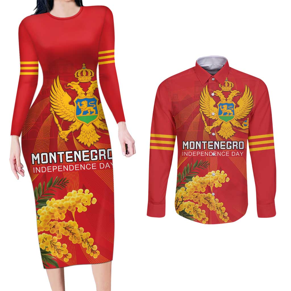 Personalized Montenegro Independence Day Couples Matching Long Sleeve Bodycon Dress and Long Sleeve Button Shirt Coat Of Arms With Mimoza