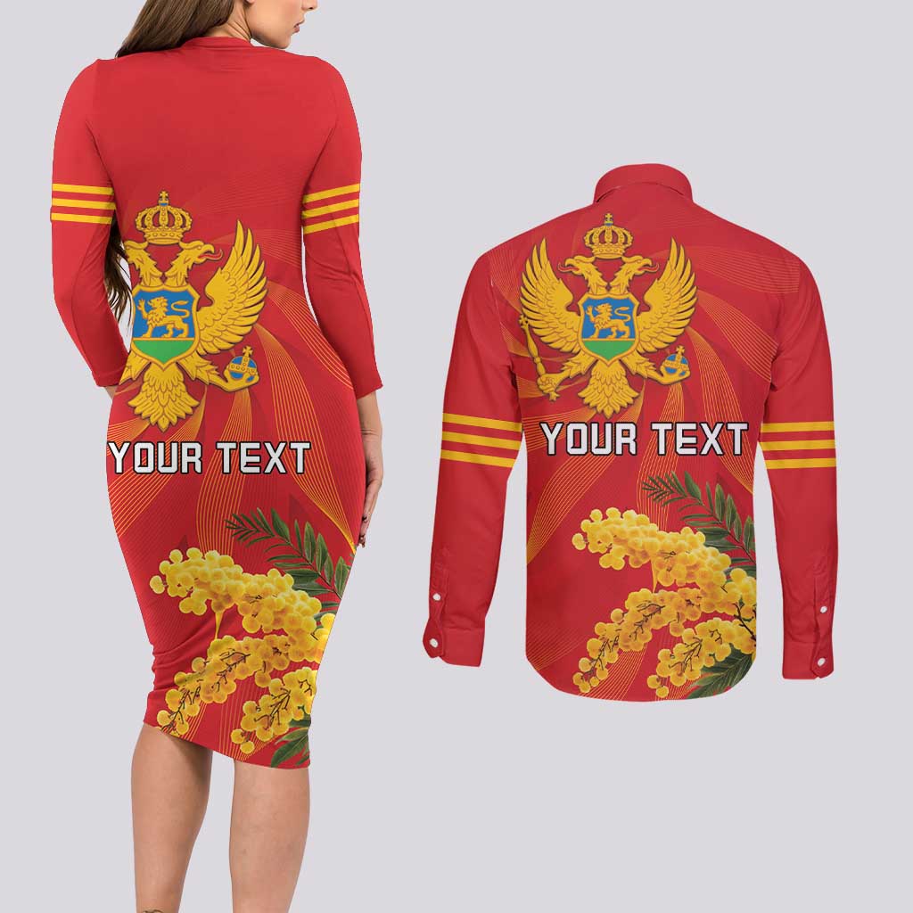 Personalized Montenegro Independence Day Couples Matching Long Sleeve Bodycon Dress and Long Sleeve Button Shirt Coat Of Arms With Mimoza