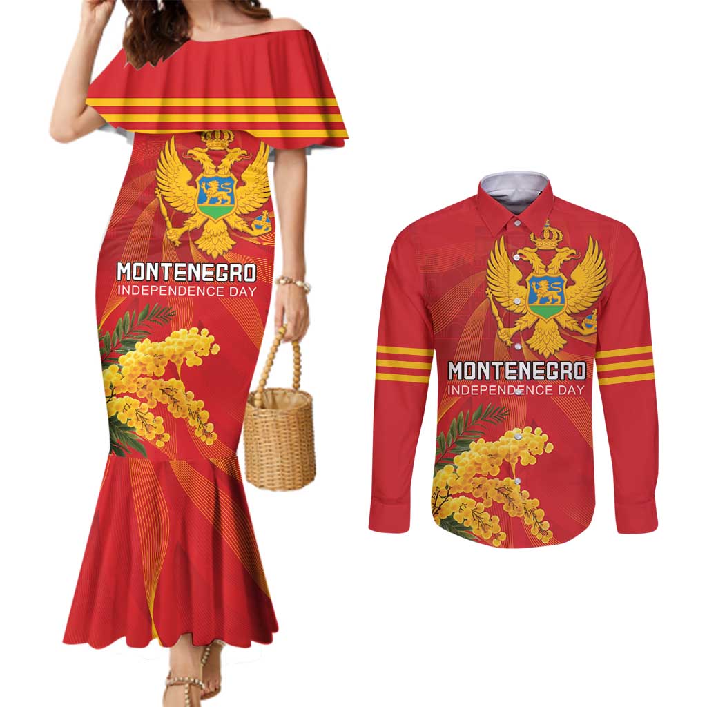 Personalized Montenegro Independence Day Couples Matching Mermaid Dress and Long Sleeve Button Shirt Coat Of Arms With Mimoza
