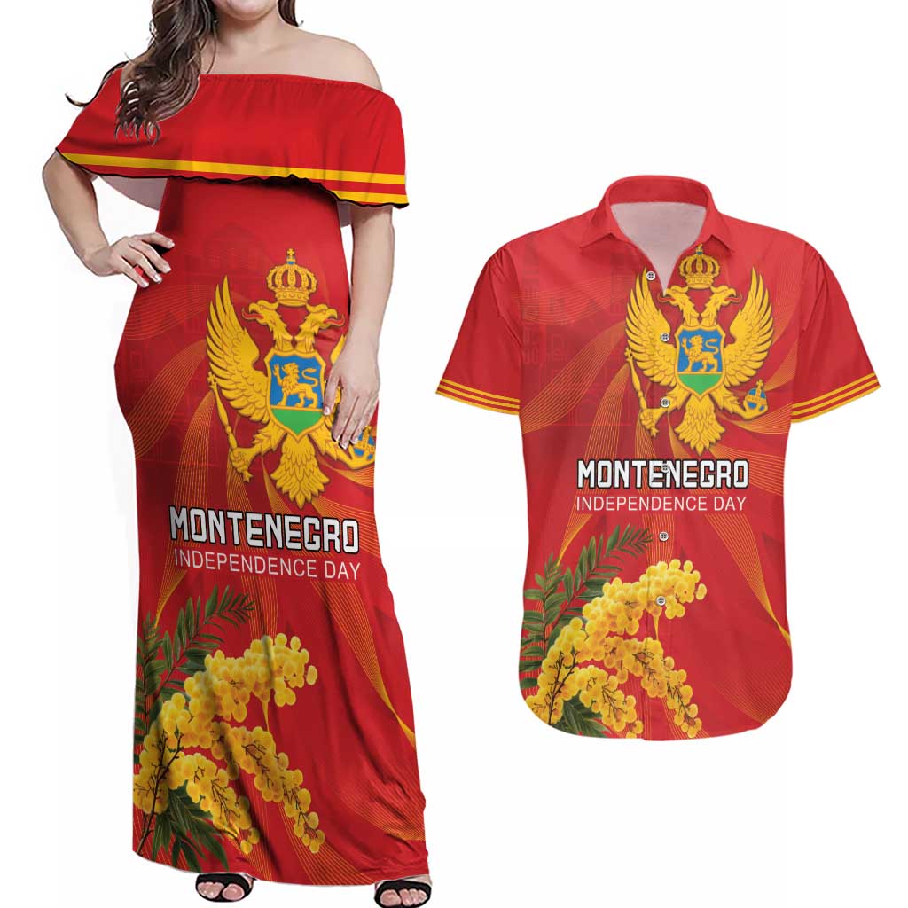 Personalized Montenegro Independence Day Couples Matching Off Shoulder Maxi Dress and Hawaiian Shirt Coat Of Arms With Mimoza