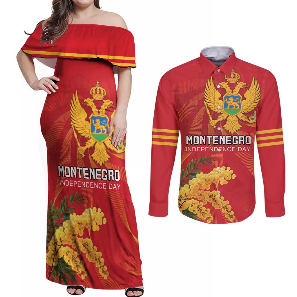 Personalized Montenegro Independence Day Couples Matching Off Shoulder Maxi Dress and Long Sleeve Button Shirt Coat Of Arms With Mimoza
