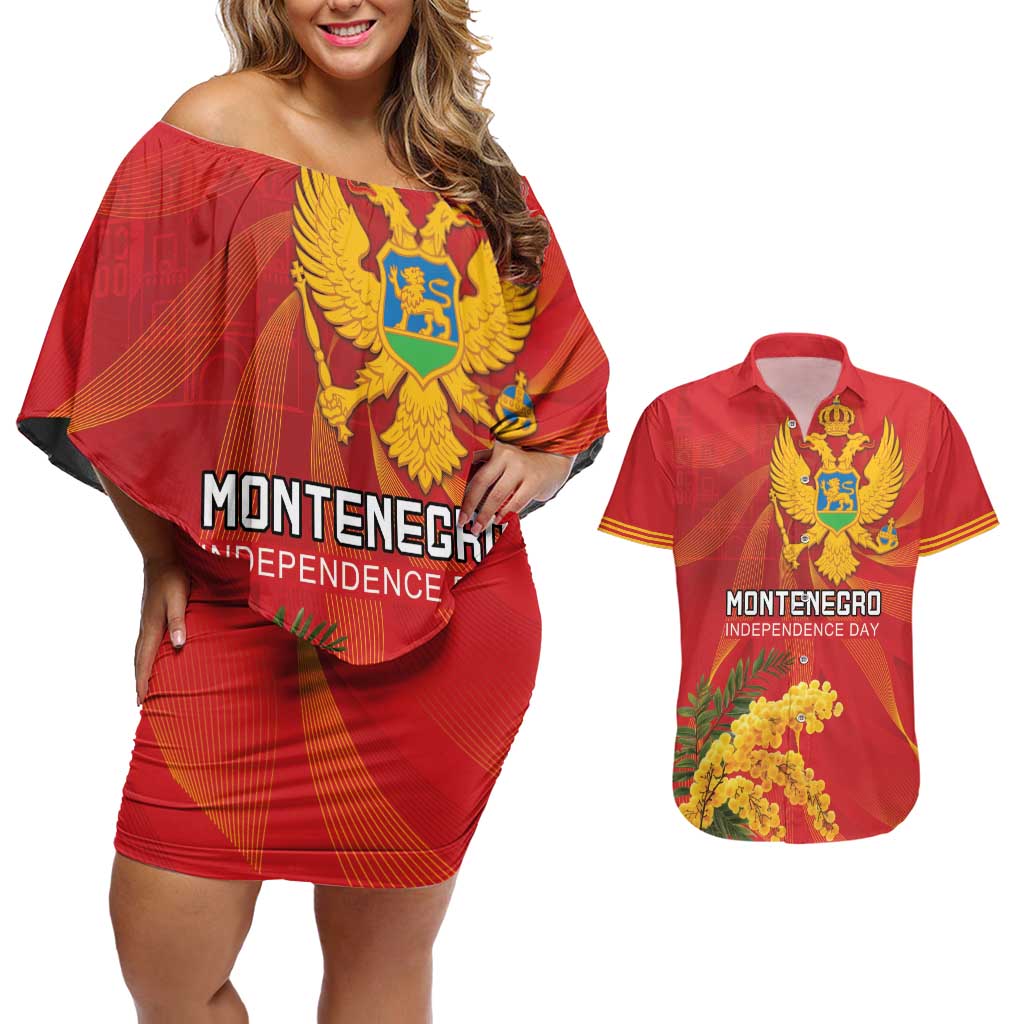 Personalized Montenegro Independence Day Couples Matching Off Shoulder Short Dress and Hawaiian Shirt Coat Of Arms With Mimoza