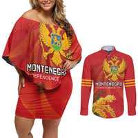 Personalized Montenegro Independence Day Couples Matching Off Shoulder Short Dress and Long Sleeve Button Shirt Coat Of Arms With Mimoza