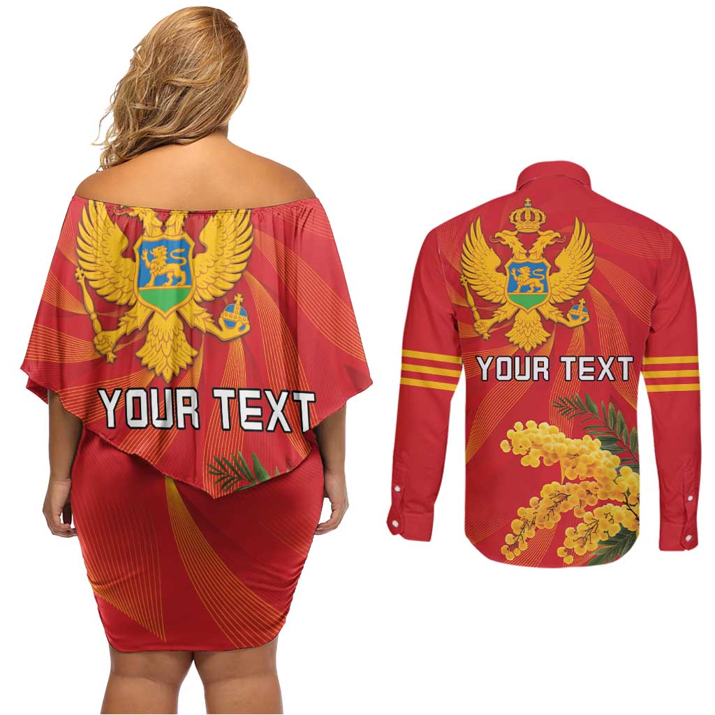Personalized Montenegro Independence Day Couples Matching Off Shoulder Short Dress and Long Sleeve Button Shirt Coat Of Arms With Mimoza