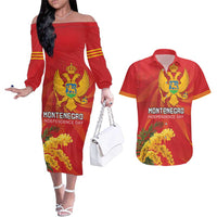 Personalized Montenegro Independence Day Couples Matching Off The Shoulder Long Sleeve Dress and Hawaiian Shirt Coat Of Arms With Mimoza
