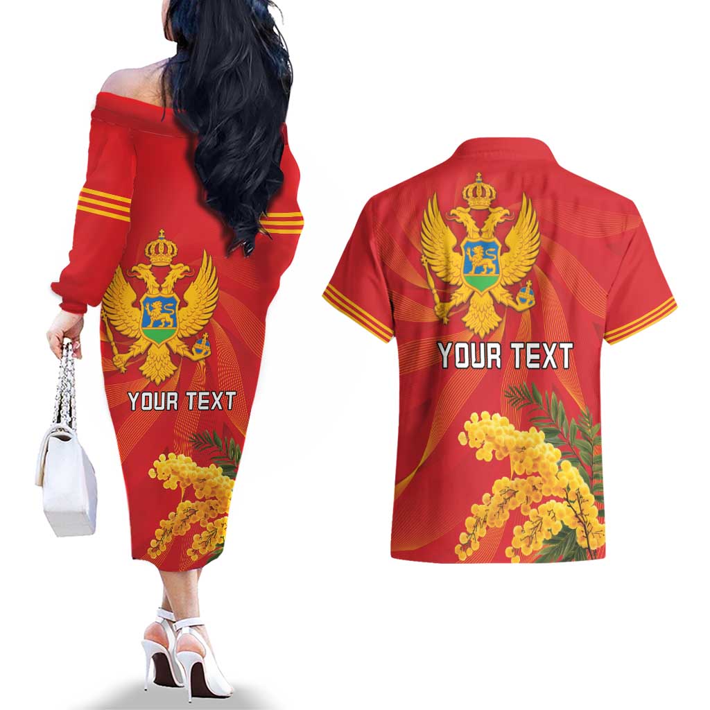 Personalized Montenegro Independence Day Couples Matching Off The Shoulder Long Sleeve Dress and Hawaiian Shirt Coat Of Arms With Mimoza