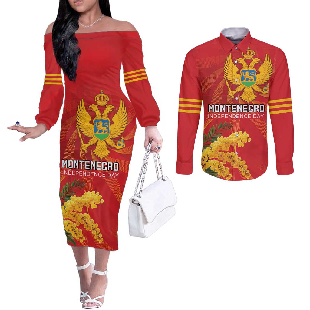 Personalized Montenegro Independence Day Couples Matching Off The Shoulder Long Sleeve Dress and Long Sleeve Button Shirt Coat Of Arms With Mimoza