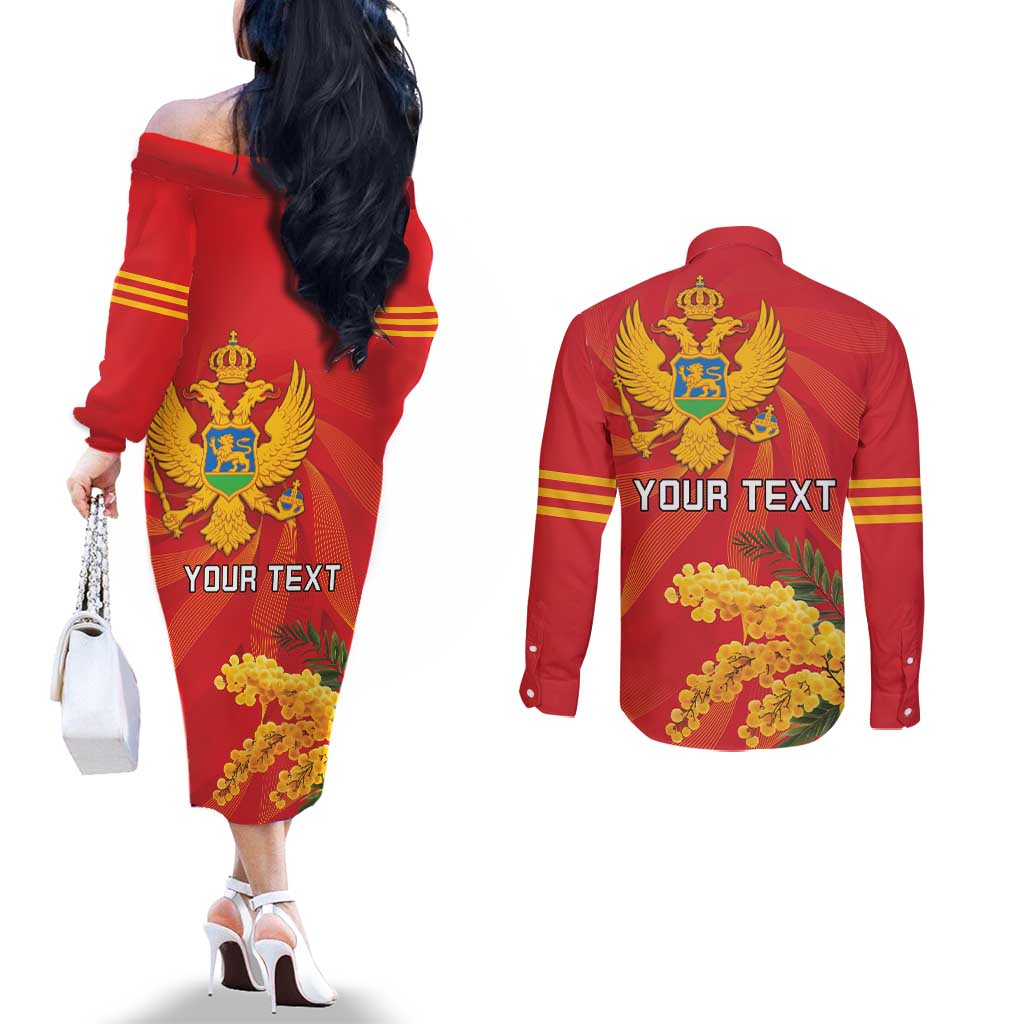 Personalized Montenegro Independence Day Couples Matching Off The Shoulder Long Sleeve Dress and Long Sleeve Button Shirt Coat Of Arms With Mimoza