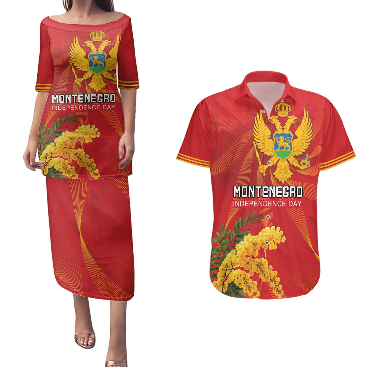 Personalized Montenegro Independence Day Couples Matching Puletasi and Hawaiian Shirt Coat Of Arms With Mimoza