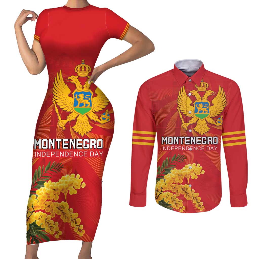 Personalized Montenegro Independence Day Couples Matching Short Sleeve Bodycon Dress and Long Sleeve Button Shirt Coat Of Arms With Mimoza