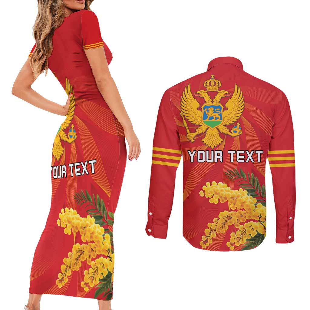 Personalized Montenegro Independence Day Couples Matching Short Sleeve Bodycon Dress and Long Sleeve Button Shirt Coat Of Arms With Mimoza