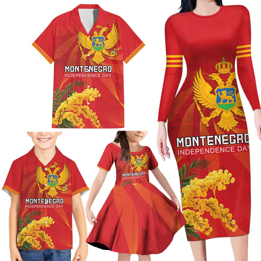 Personalized Montenegro Independence Day Family Matching Long Sleeve Bodycon Dress and Hawaiian Shirt Coat Of Arms With Mimoza