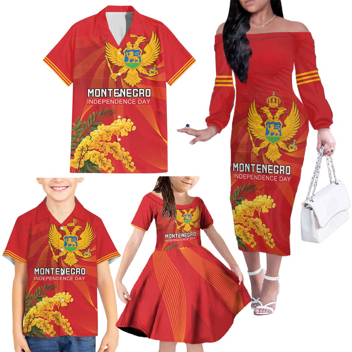 Personalized Montenegro Independence Day Family Matching Off The Shoulder Long Sleeve Dress and Hawaiian Shirt Coat Of Arms With Mimoza