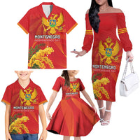 Personalized Montenegro Independence Day Family Matching Off The Shoulder Long Sleeve Dress and Hawaiian Shirt Coat Of Arms With Mimoza