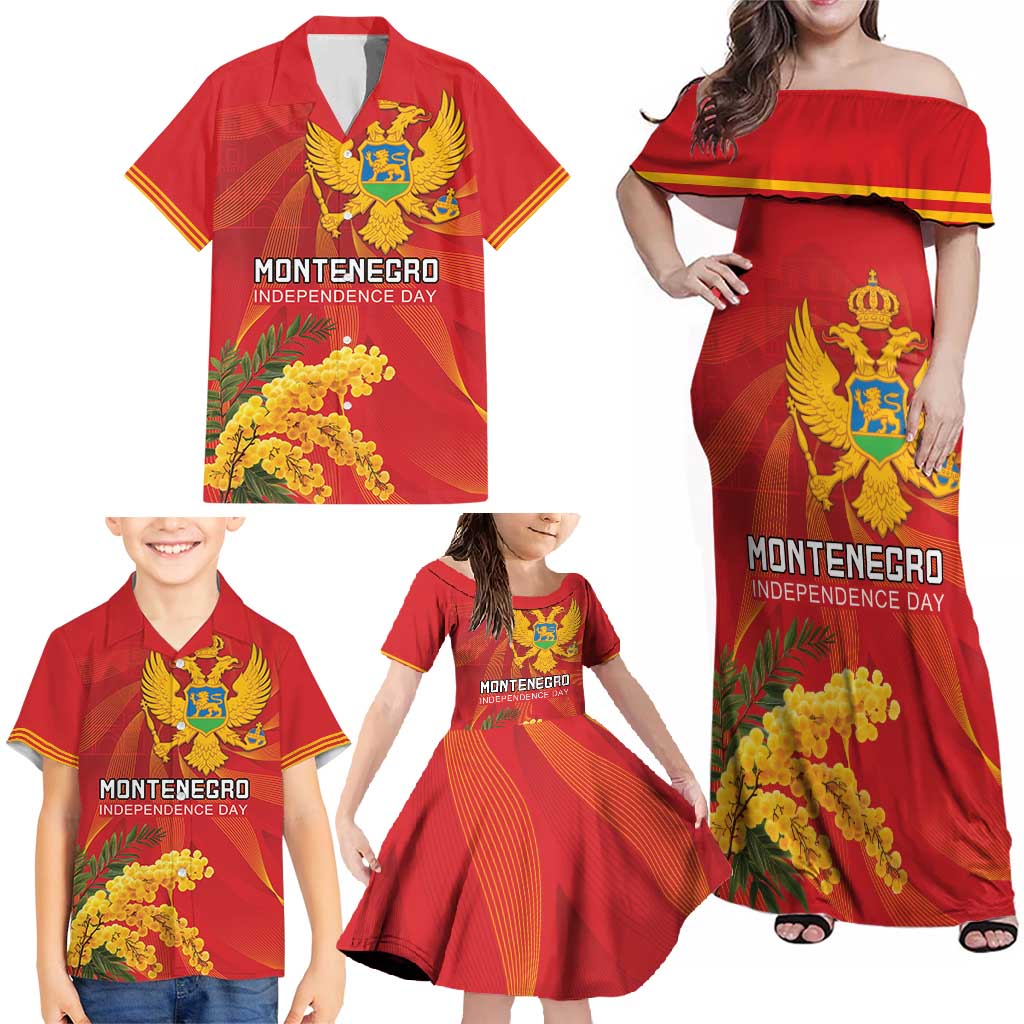Personalized Montenegro Independence Day Family Matching Off Shoulder Maxi Dress and Hawaiian Shirt Coat Of Arms With Mimoza