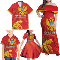 Personalized Montenegro Independence Day Family Matching Off Shoulder Maxi Dress and Hawaiian Shirt Coat Of Arms With Mimoza