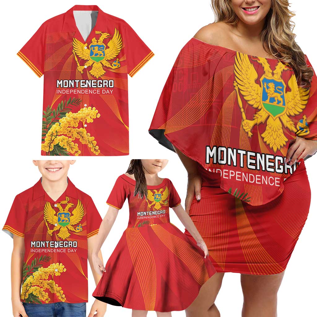 Personalized Montenegro Independence Day Family Matching Off Shoulder Short Dress and Hawaiian Shirt Coat Of Arms With Mimoza