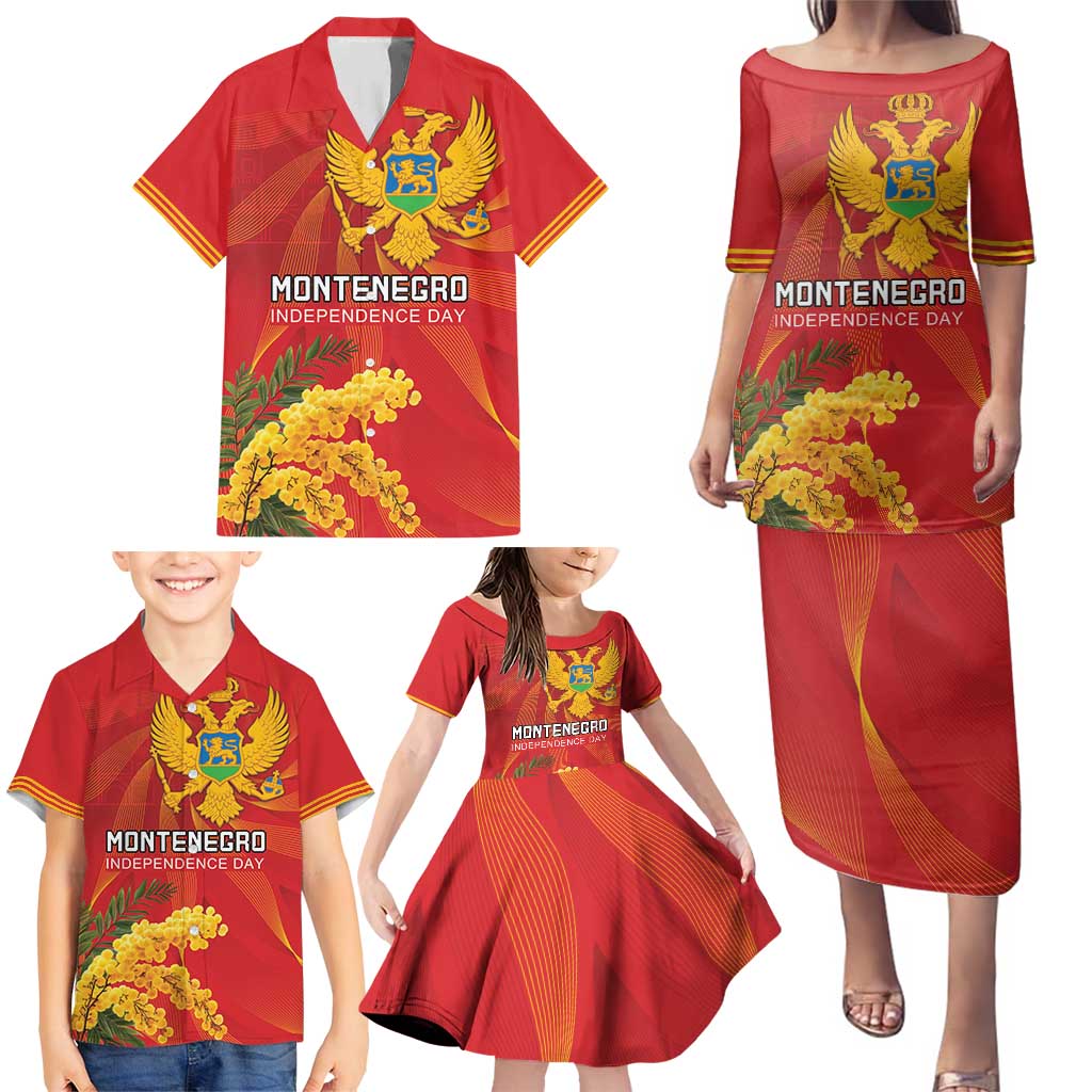 Personalized Montenegro Independence Day Family Matching Puletasi and Hawaiian Shirt Coat Of Arms With Mimoza