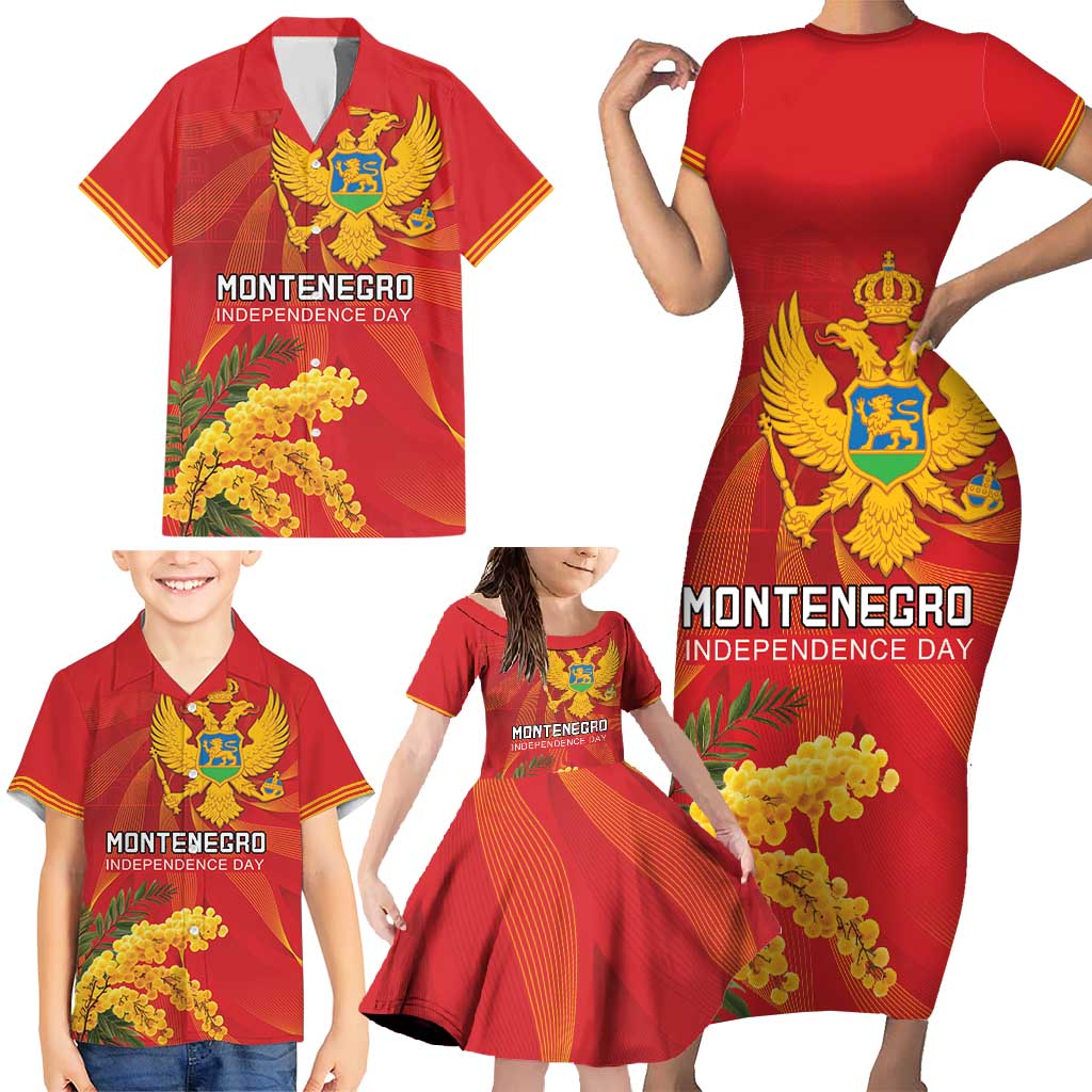 Personalized Montenegro Independence Day Family Matching Short Sleeve Bodycon Dress and Hawaiian Shirt Coat Of Arms With Mimoza