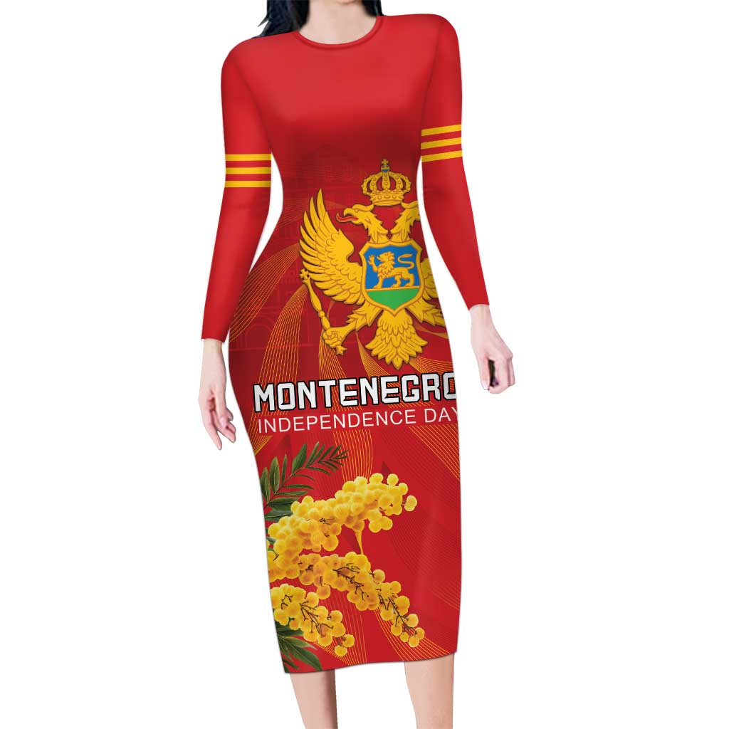 Personalized Montenegro Independence Day Long Sleeve Bodycon Dress Coat Of Arms With Mimoza