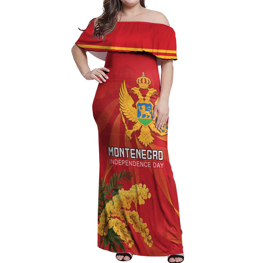Personalized Montenegro Independence Day Off Shoulder Maxi Dress Coat Of Arms With Mimoza