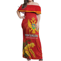 Personalized Montenegro Independence Day Off Shoulder Maxi Dress Coat Of Arms With Mimoza