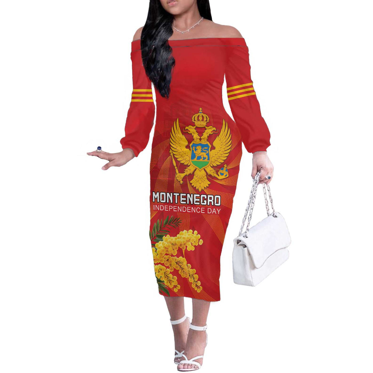 Personalized Montenegro Independence Day Off The Shoulder Long Sleeve Dress Coat Of Arms With Mimoza
