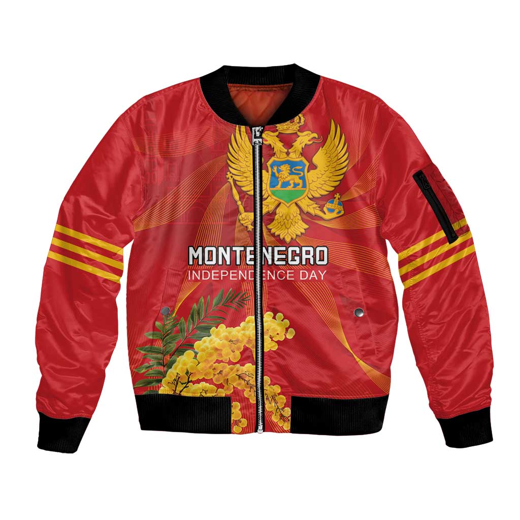 Personalized Montenegro Independence Day Sleeve Zip Bomber Jacket Coat Of Arms With Mimoza