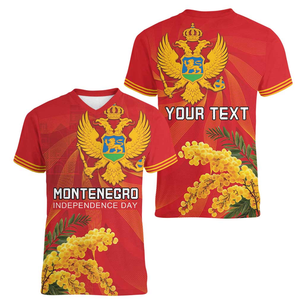 Personalized Montenegro Independence Day Women V-Neck T-Shirt Coat Of Arms With Mimoza