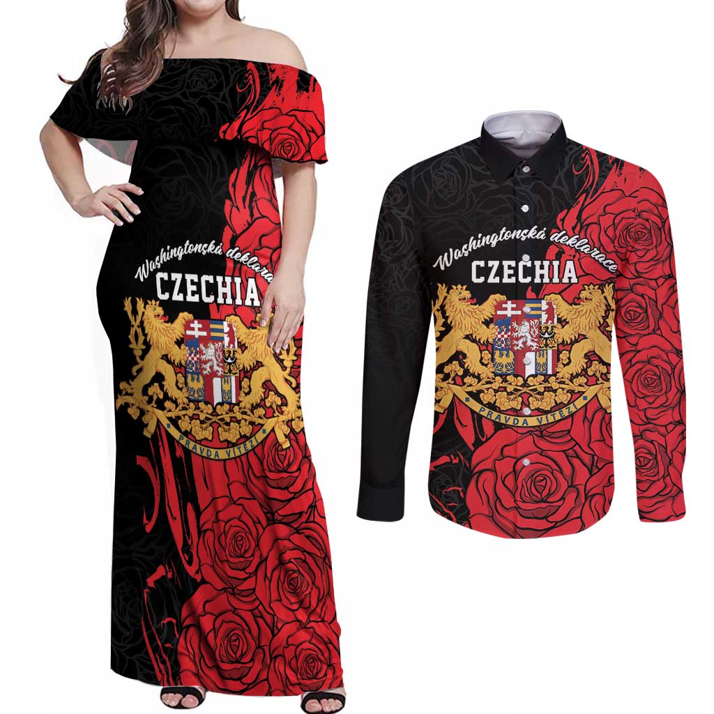 Personalized Czech Republic Independence Day Couples Matching Off Shoulder Maxi Dress and Long Sleeve Button Shirt Washingtonska deklarace