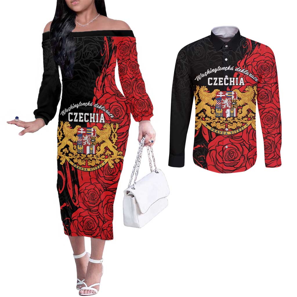 Personalized Czech Republic Independence Day Couples Matching Off The Shoulder Long Sleeve Dress and Long Sleeve Button Shirt Washingtonska deklarace