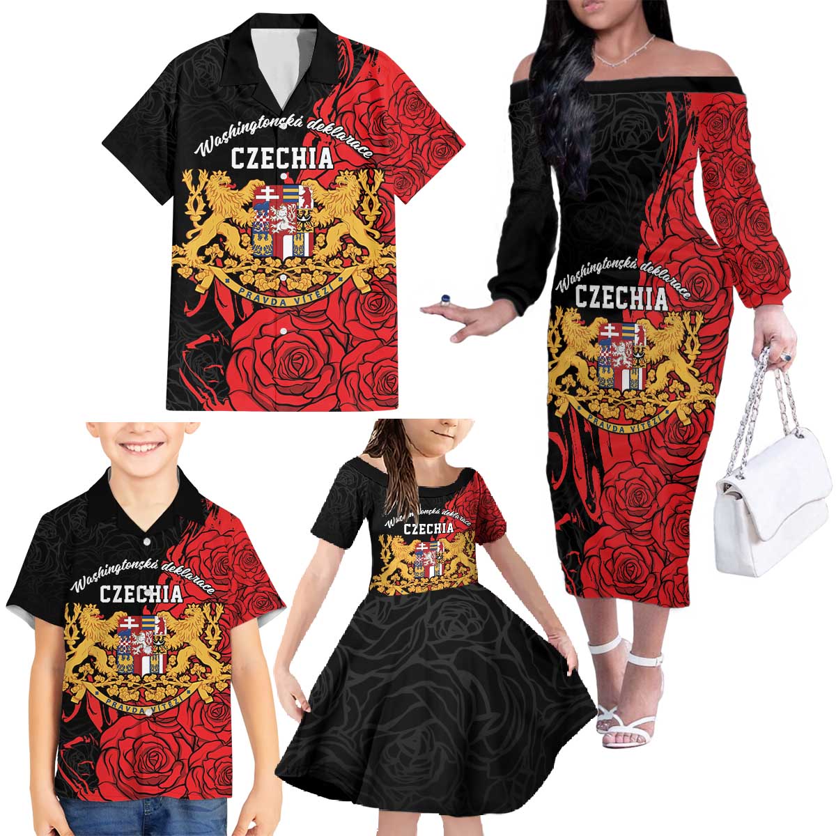 Personalized Czech Republic Independence Day Family Matching Off The Shoulder Long Sleeve Dress and Hawaiian Shirt Washingtonska deklarace