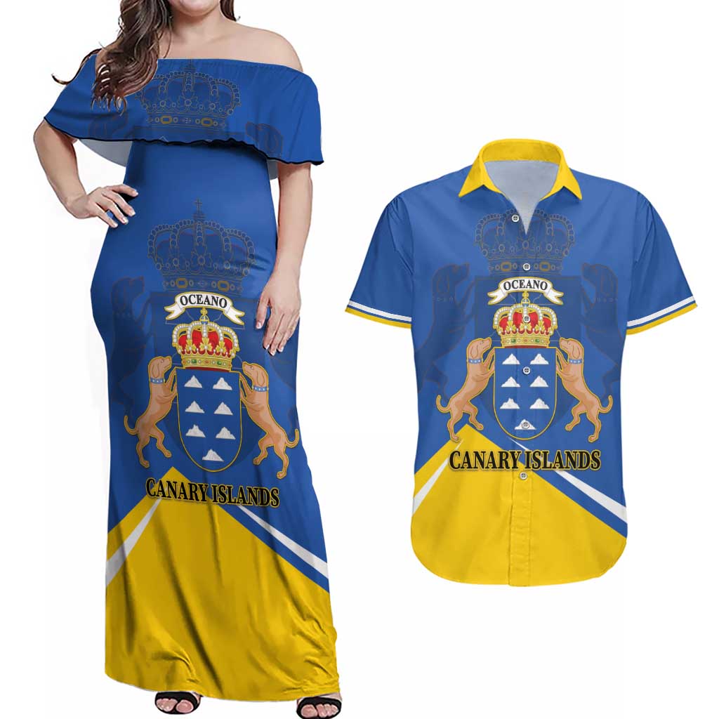 Personalized Dia de Canarias Couples Matching Off Shoulder Maxi Dress and Hawaiian Shirt Las Islas Afortunadas